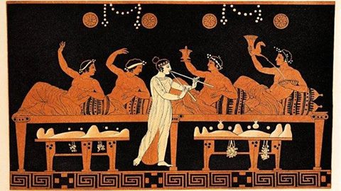 Rappresentazione di un simposio greco con vino e musica